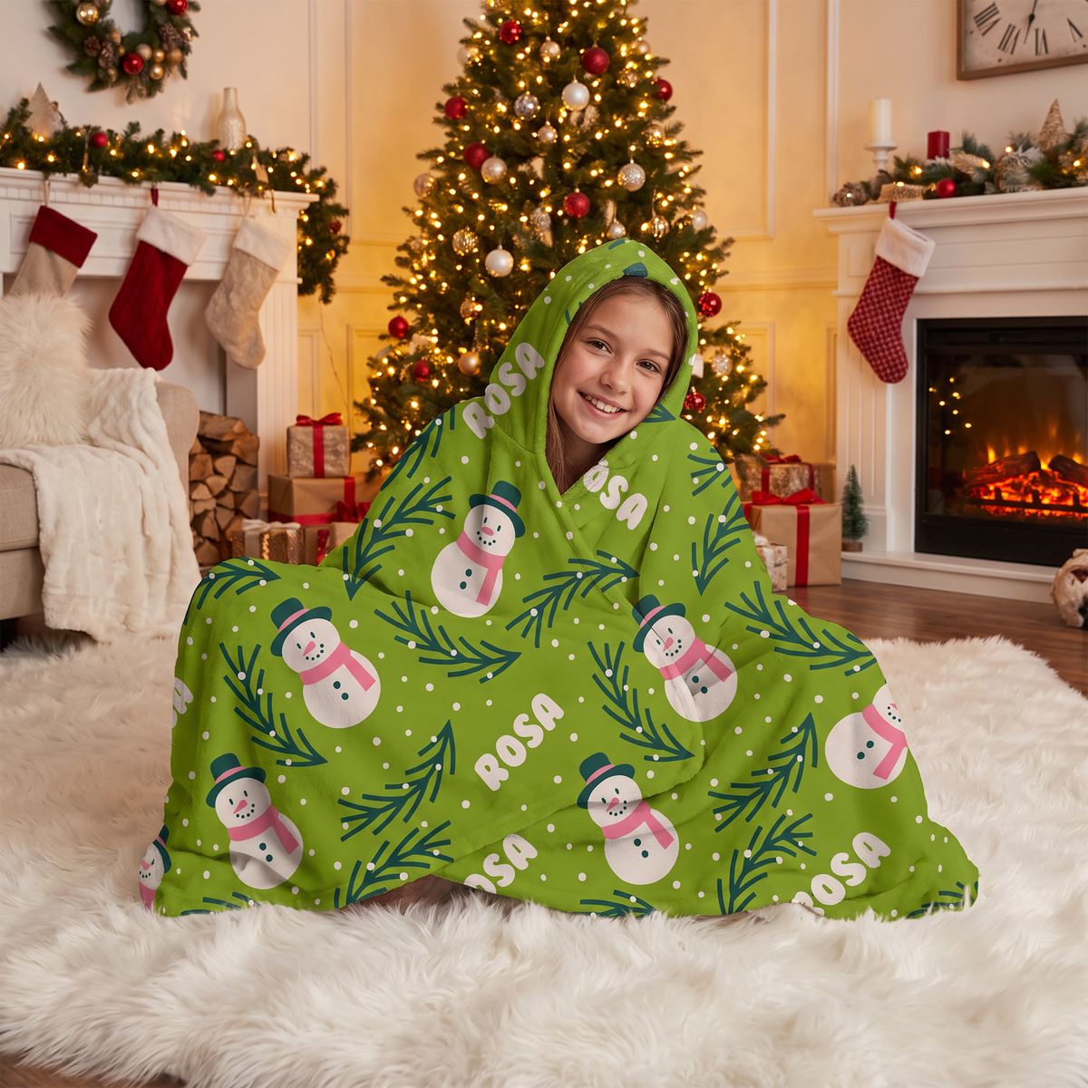 Custom name snowman pine branch pattern Christmas hooded blanket, view 5