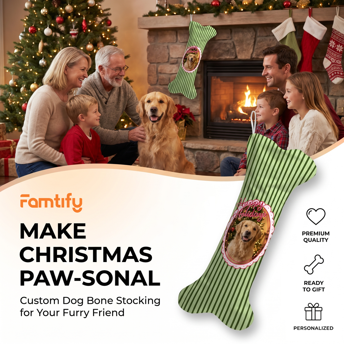 Personalized Happy Holidays Pinstripe dog bone Christmas stocking, view 6