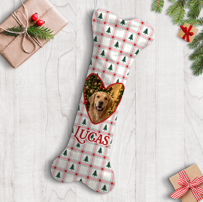 Personalized Christmas Tree Plaid Heart dog bone Christmas stocking with custom dog photo and name