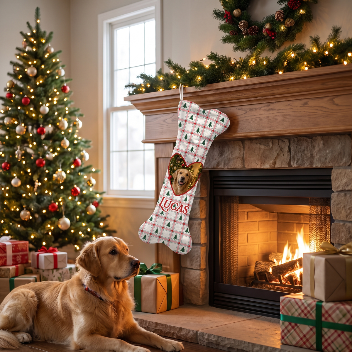 Personalized Christmas Tree Plaid Heart dog bone Christmas stocking, view 3