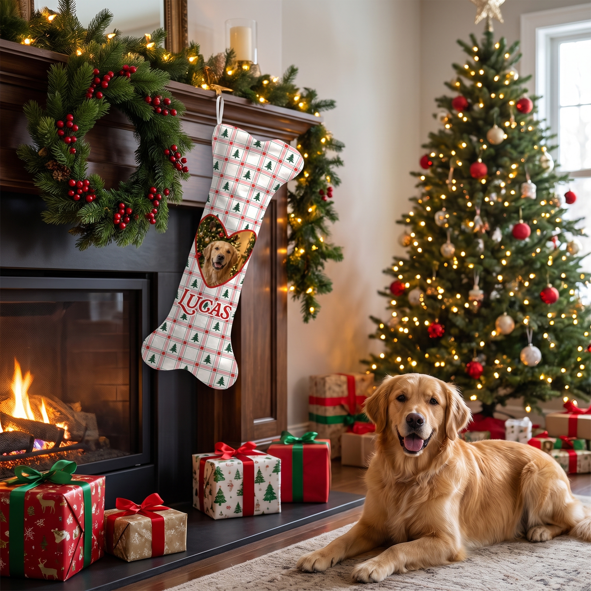 Personalized Christmas Tree Plaid Heart dog bone Christmas stocking, view 4
