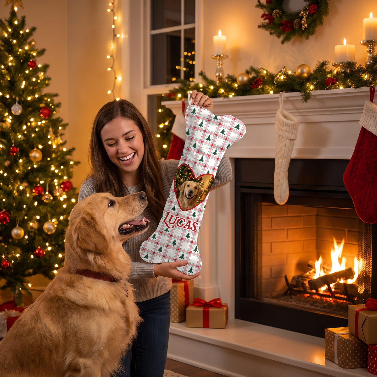 Personalized Christmas Tree Plaid Heart dog bone Christmas stocking, view 5