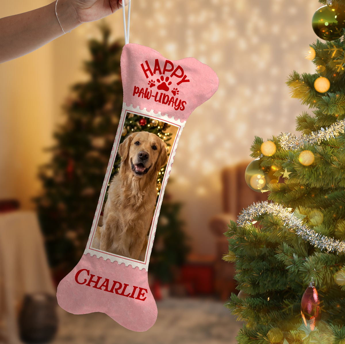 Personalized Happy Paw-lidays Stamp dog bone Christmas stocking with custom dog photo and name