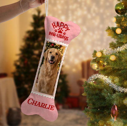 Personalized Happy Paw-lidays Stamp dog bone Christmas stocking with custom dog photo and name
