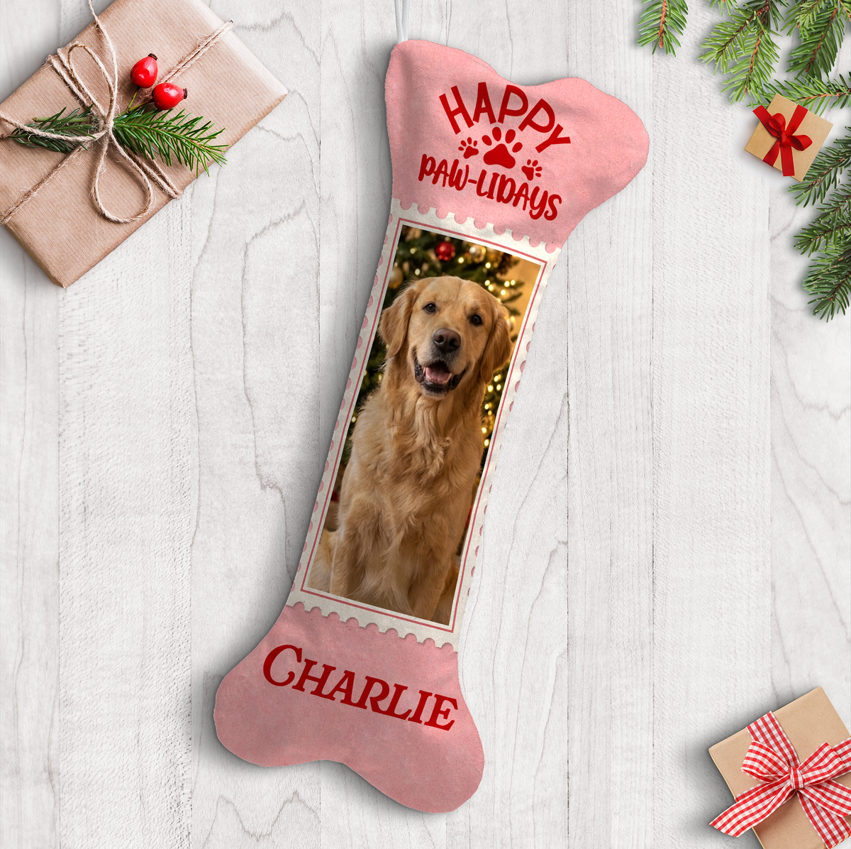 Personalized Happy Paw-lidays Stamp dog bone Christmas stocking, view 2