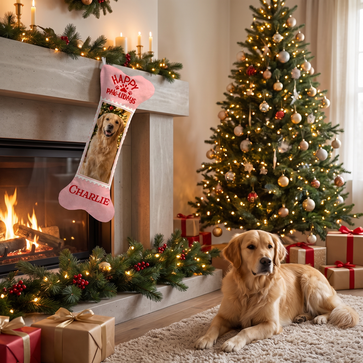 Personalized Happy Paw-lidays Stamp dog bone Christmas stocking, view 3