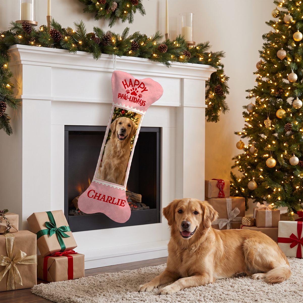 Personalized Happy Paw-lidays Stamp dog bone Christmas stocking, view 4