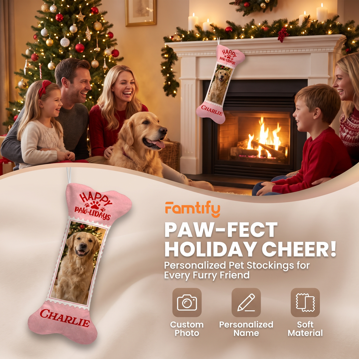Personalized Happy Paw-lidays Stamp dog bone Christmas stocking, view 6