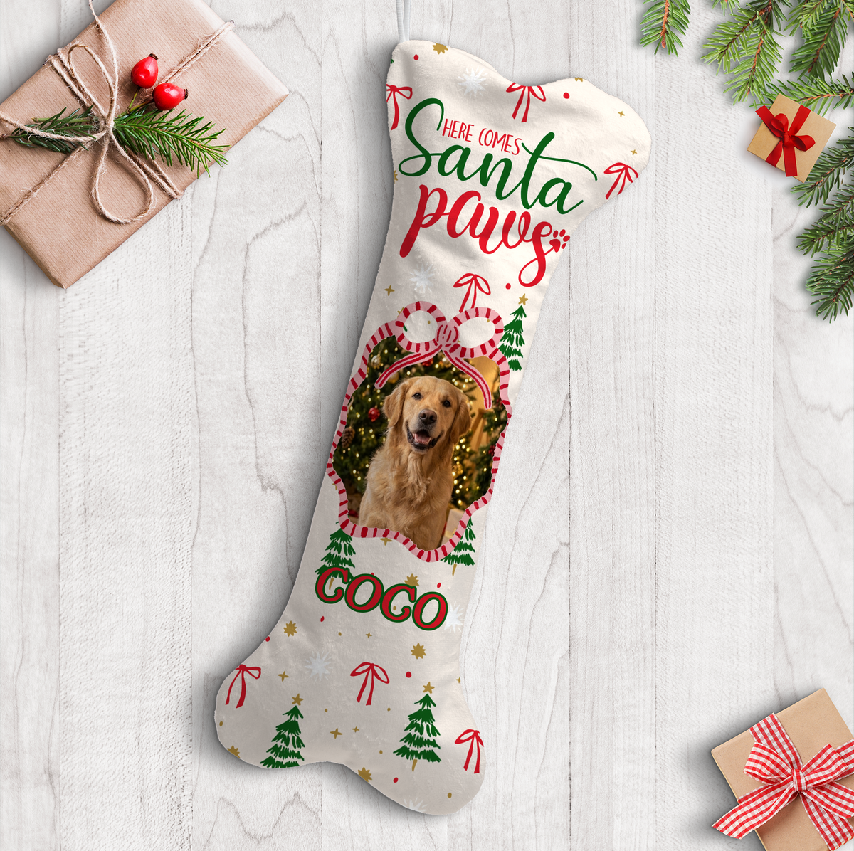 Personalized Here Comes Santa Paws dog bone Christmas stocking with custom dog photo and name