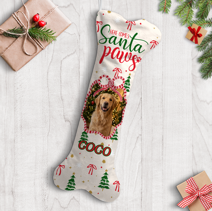 Personalized Here Comes Santa Paws dog bone Christmas stocking with custom dog photo and name