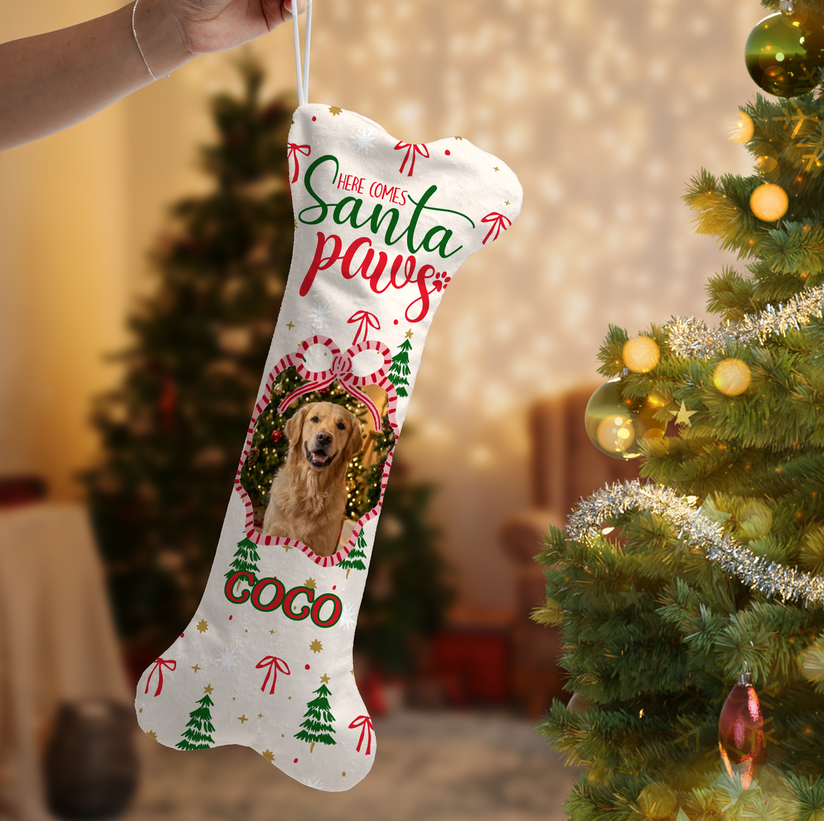 Personalized Here Comes Santa Paws dog bone Christmas stocking, view 2
