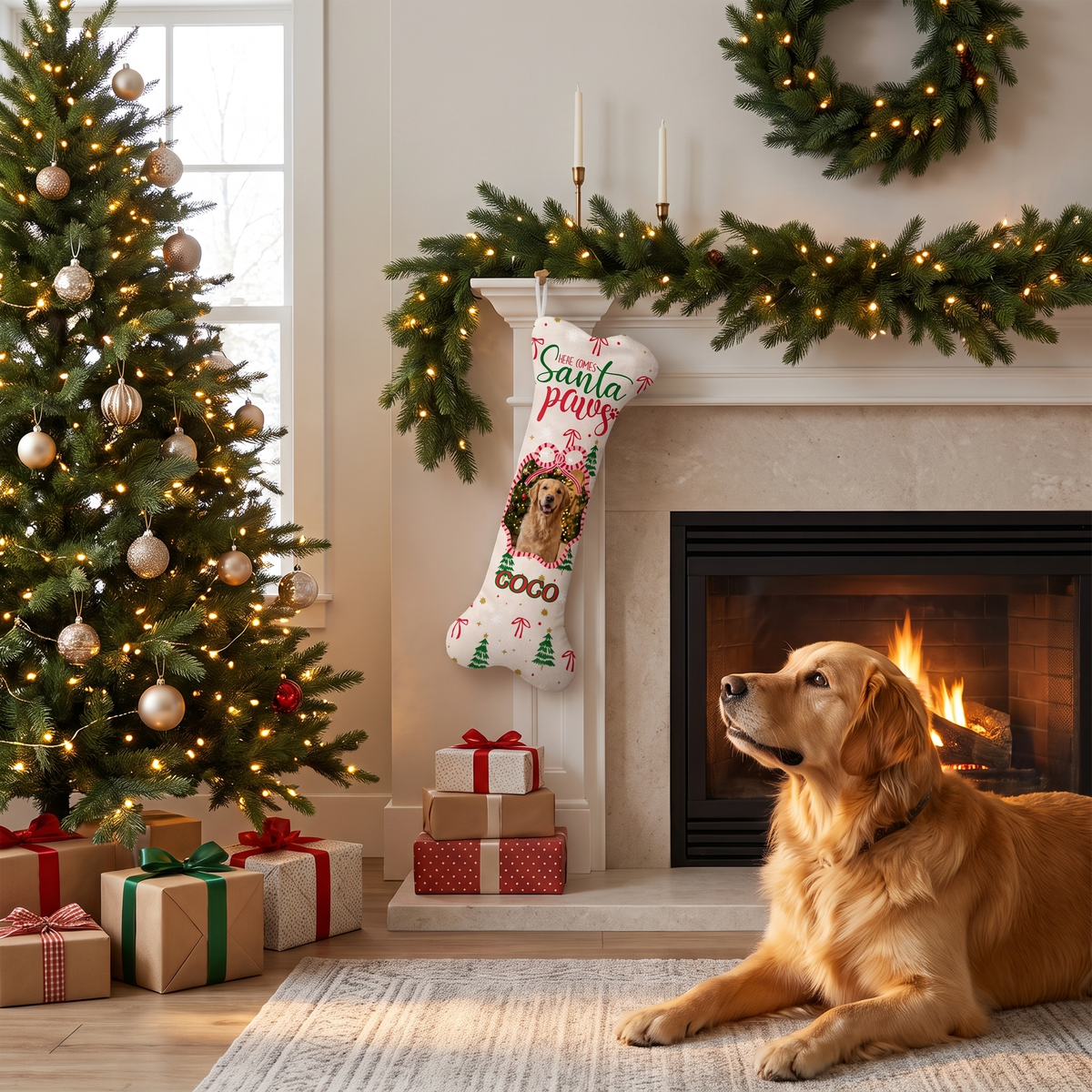 Personalized Here Comes Santa Paws dog bone Christmas stocking, view 3