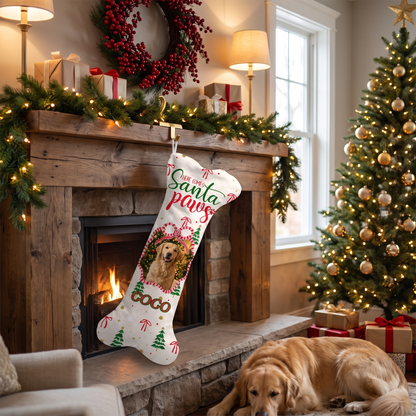 Personalized Here Comes Santa Paws dog bone Christmas stocking, view 4