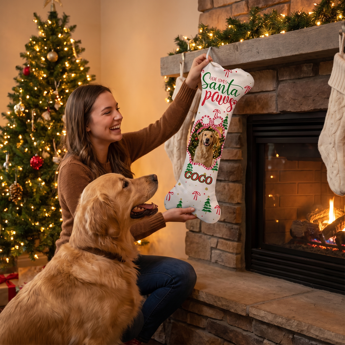 Personalized Here Comes Santa Paws dog bone Christmas stocking, view 5