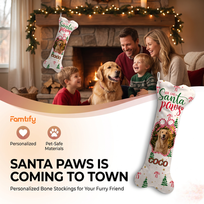 Personalized Here Comes Santa Paws dog bone Christmas stocking, view 6