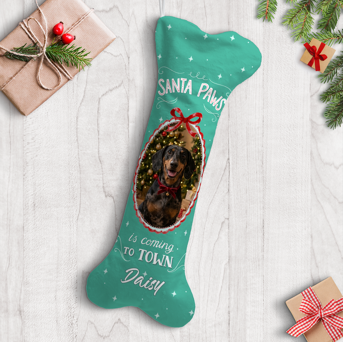 Personalized Santa Paws Is Coming To Town dog bone Christmas stocking, view 2
