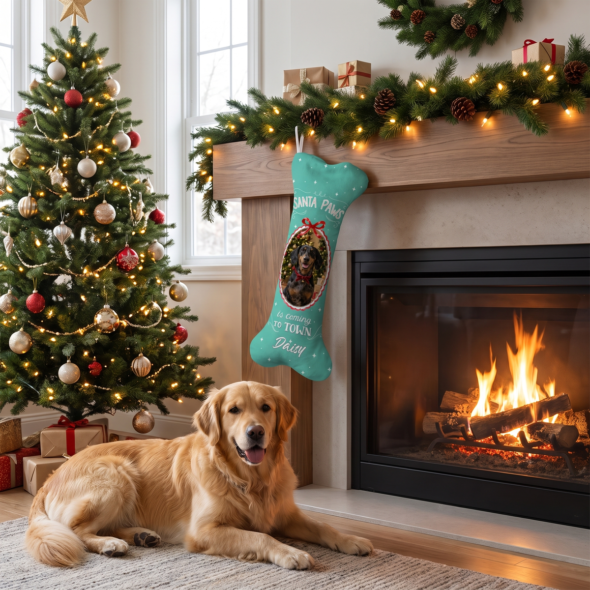 Personalized Santa Paws Is Coming To Town dog bone Christmas stocking, view 3