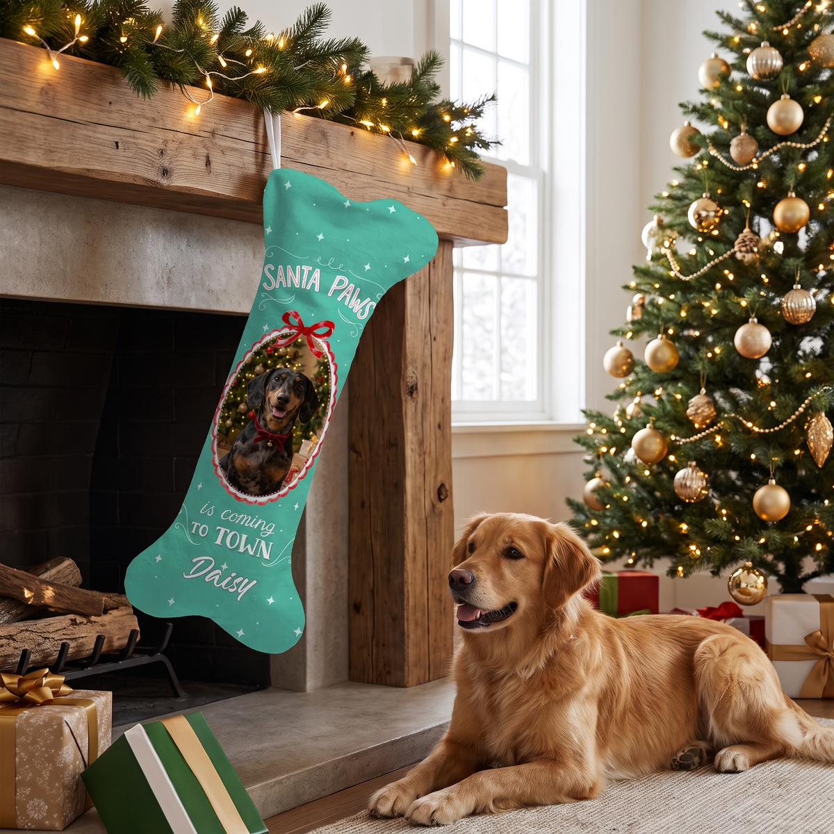 Personalized Santa Paws Is Coming To Town dog bone Christmas stocking, view 4