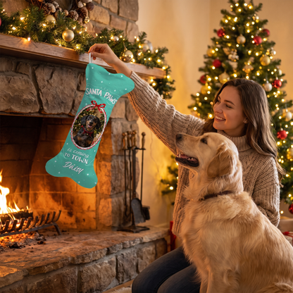 Personalized Santa Paws Is Coming To Town dog bone Christmas stocking, view 5