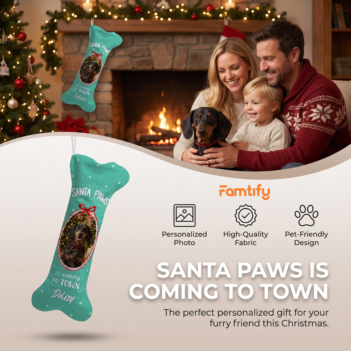 Personalized Santa Paws Is Coming To Town dog bone Christmas stocking, view 6