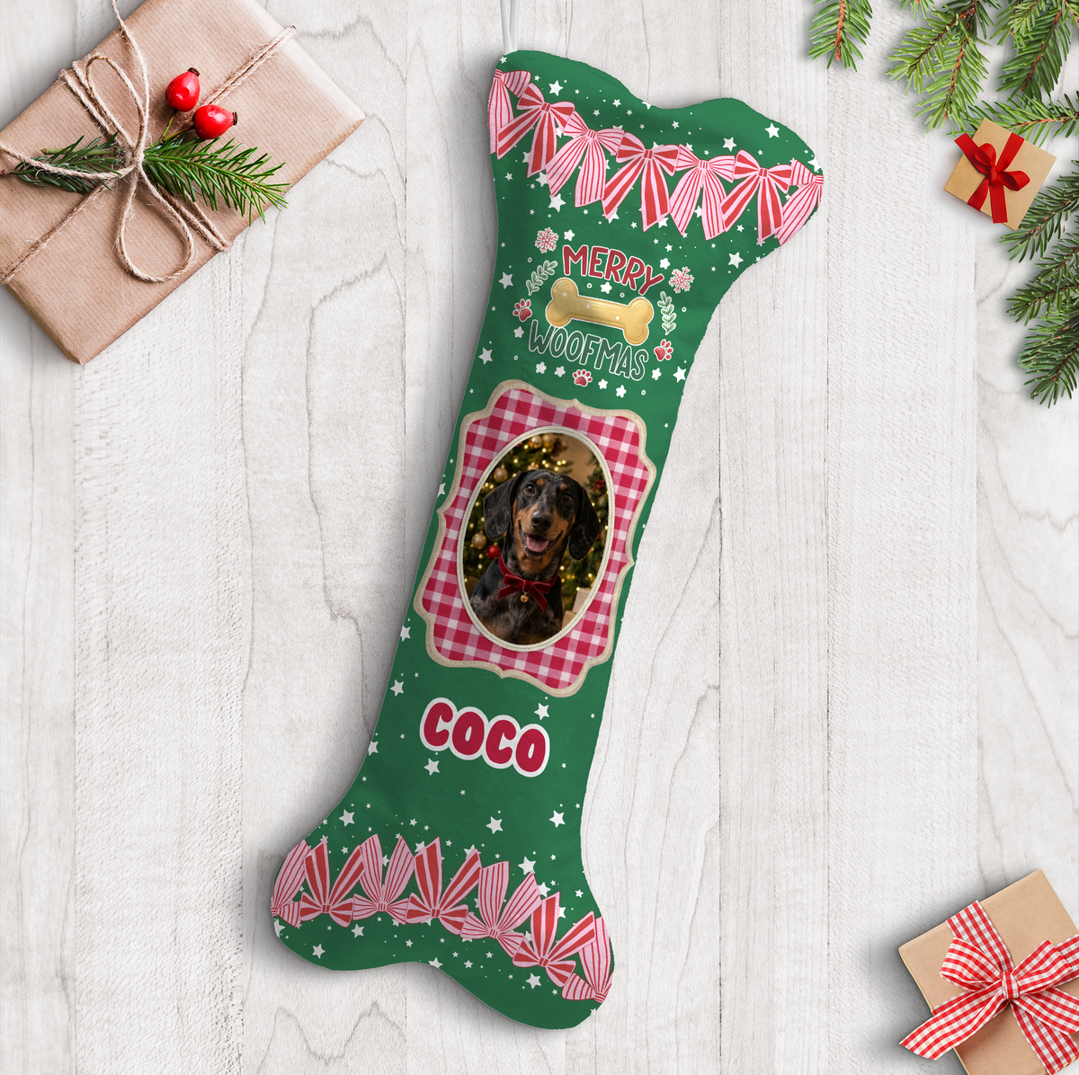 Personalized Merry Woofmas Gingham Bows dog bone Christmas stocking with custom dog photo and name