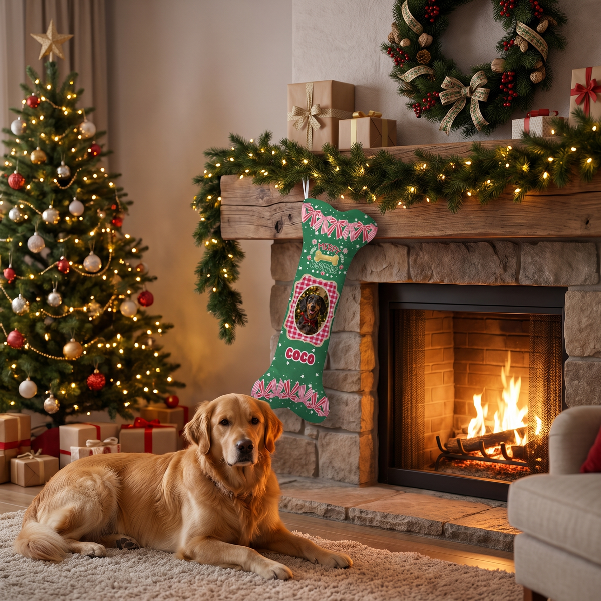 Personalized Merry Woofmas Gingham Bows dog bone Christmas stocking, view 3