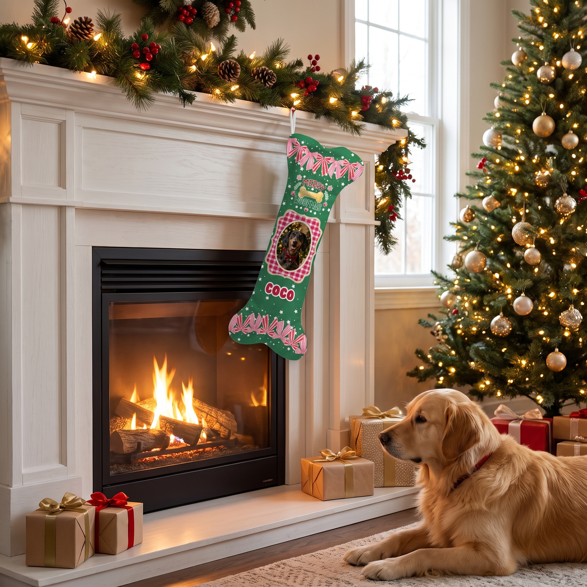 Personalized Merry Woofmas Gingham Bows dog bone Christmas stocking, view 4