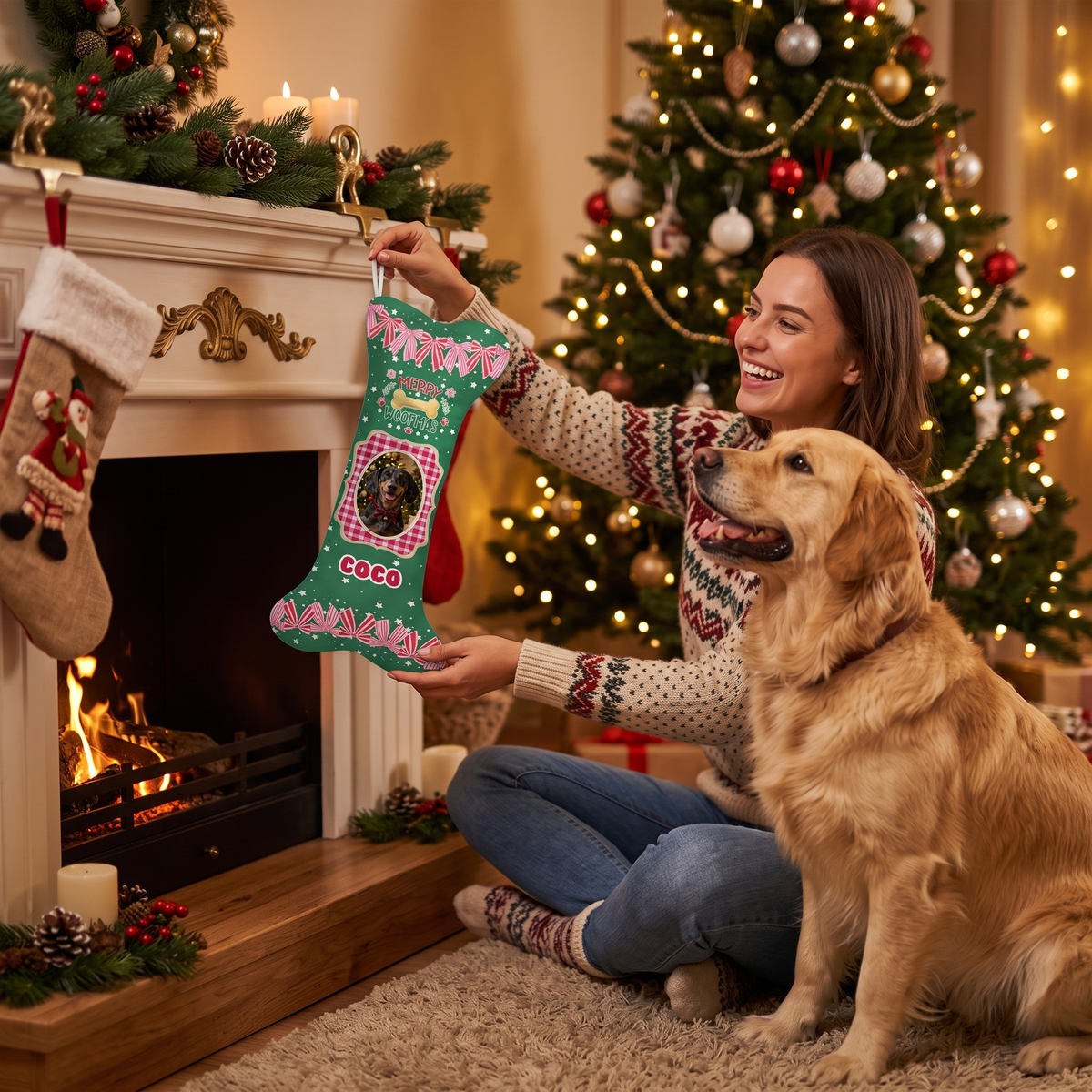 Personalized Merry Woofmas Gingham Bows dog bone Christmas stocking, view 5