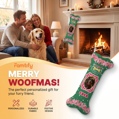 Personalized Merry Woofmas Gingham Bows dog bone Christmas stocking, view 6