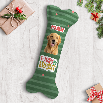 Personalized Furry & Bright Stripes dog bone Christmas stocking with custom dog photo and name