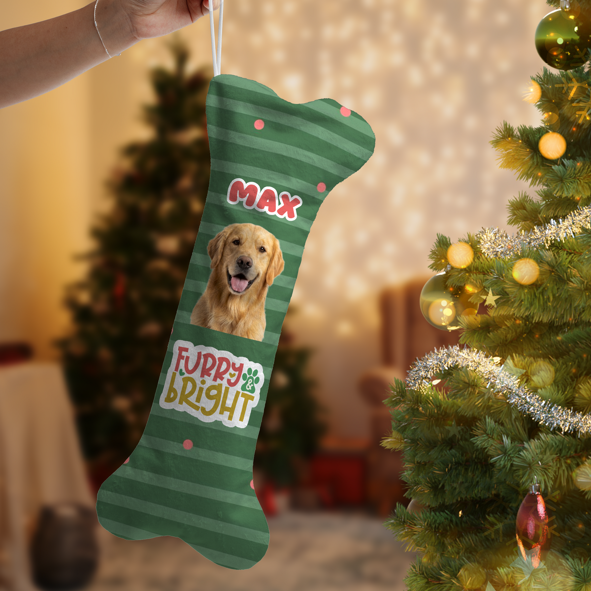 Personalized Furry & Bright Stripes dog bone Christmas stocking, view 2