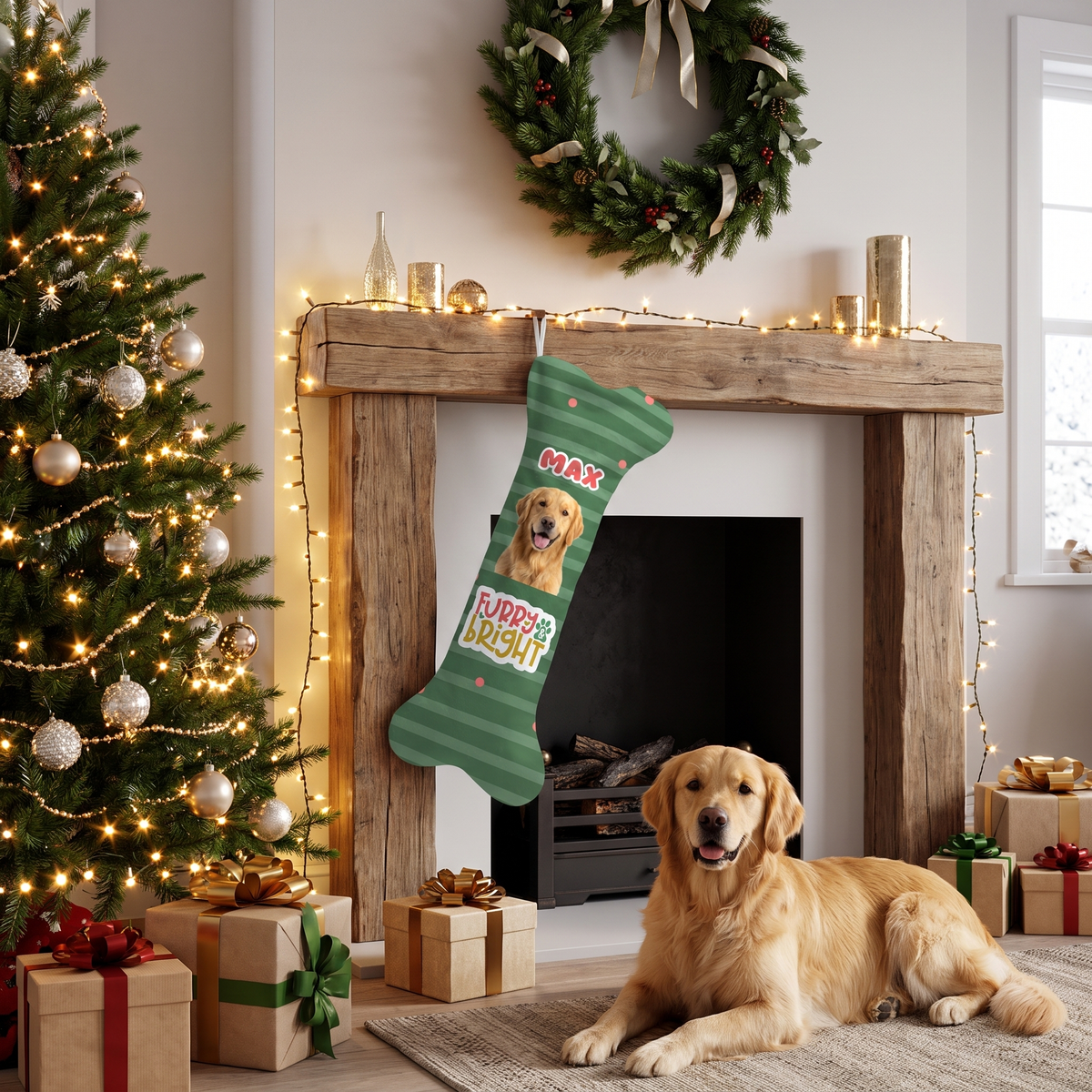 Personalized Furry & Bright Stripes dog bone Christmas stocking, view 3