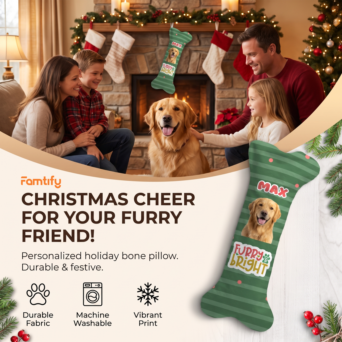 Personalized Furry & Bright Stripes dog bone Christmas stocking, view 6