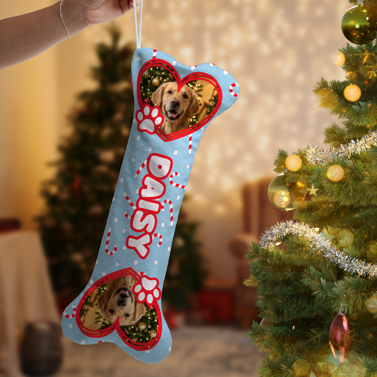 Personalized Candy Cane Paw Hearts dog bone Christmas stocking with custom dog photo and name