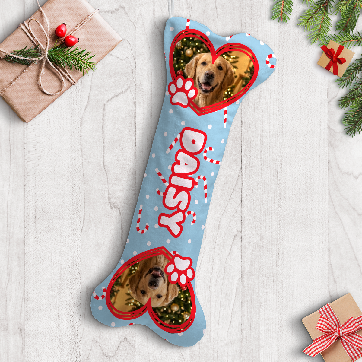 Personalized Candy Cane Paw Hearts dog bone Christmas stocking, view 2