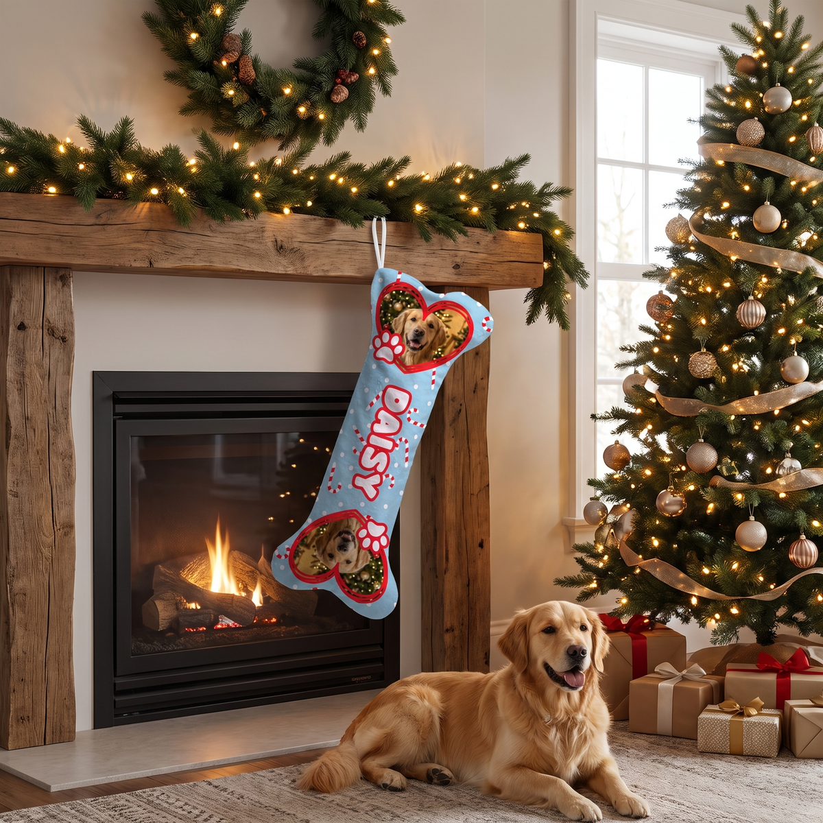 Personalized Candy Cane Paw Hearts dog bone Christmas stocking, view 3