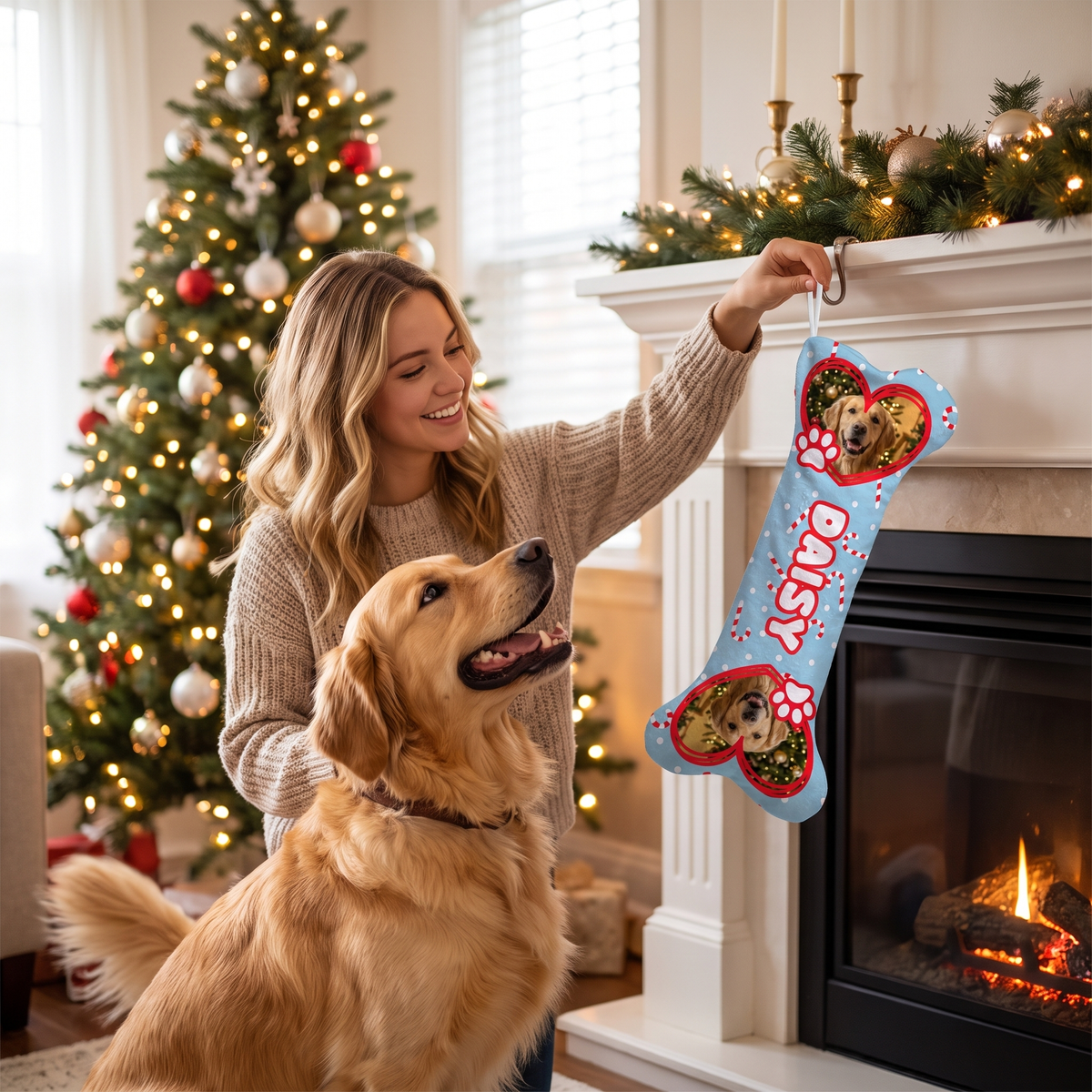 Personalized Candy Cane Paw Hearts dog bone Christmas stocking, view 4