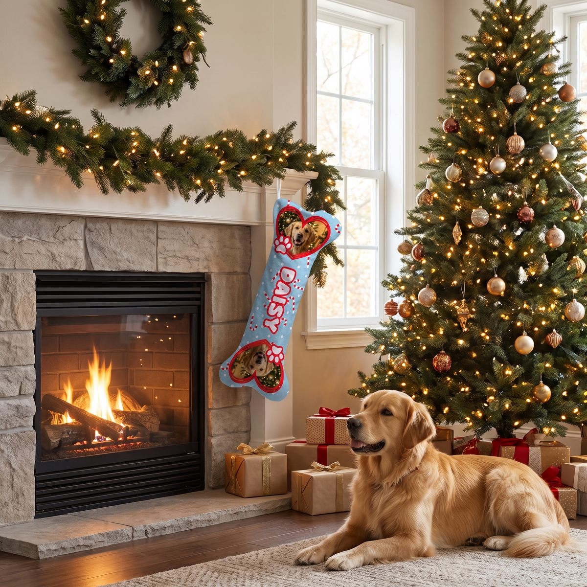 Personalized Candy Cane Paw Hearts dog bone Christmas stocking, view 5