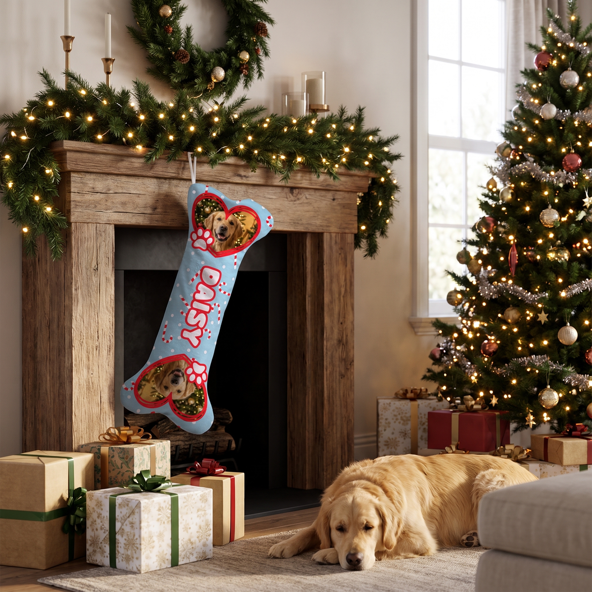 Personalized Candy Cane Paw Hearts dog bone Christmas stocking, view 6