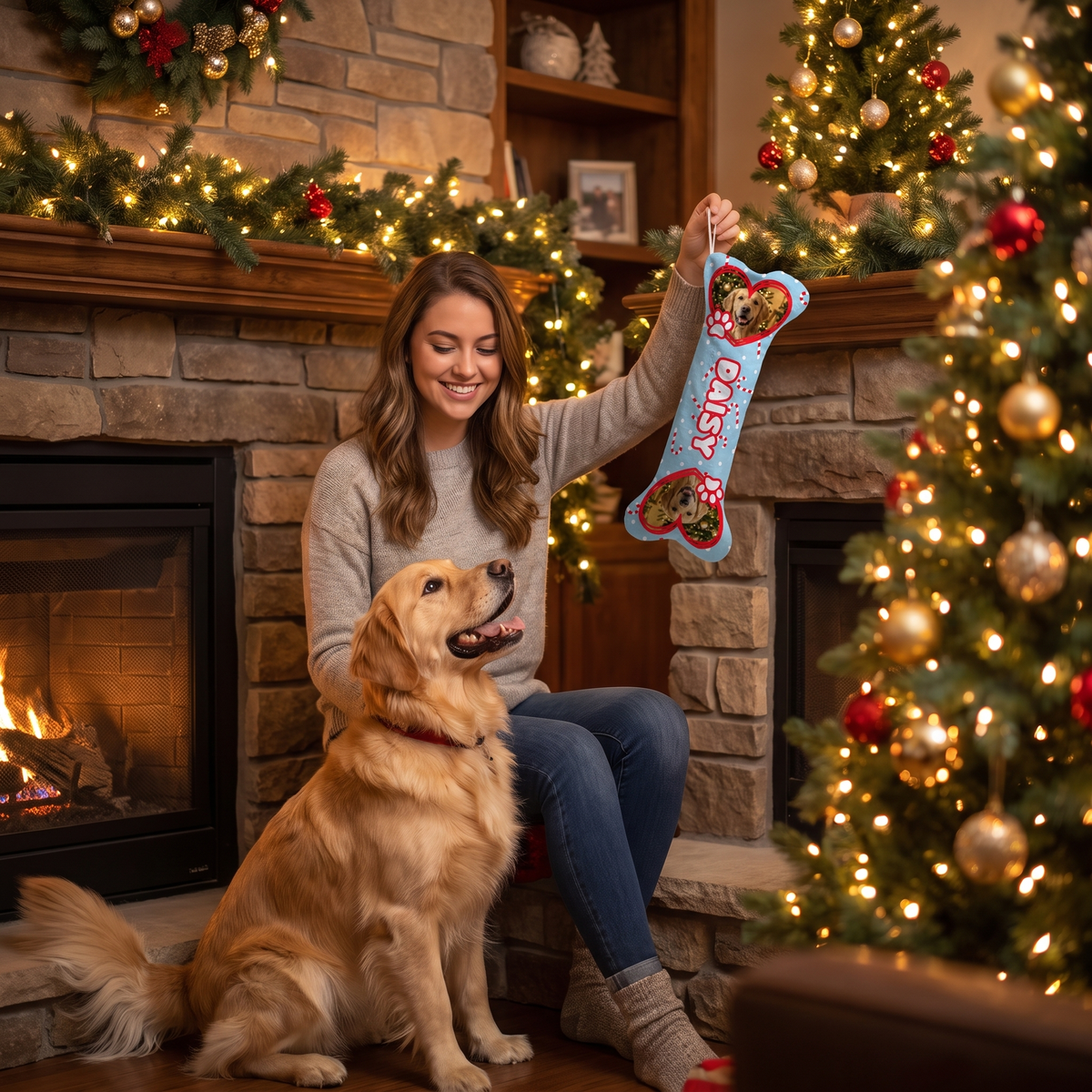 Personalized Candy Cane Paw Hearts dog bone Christmas stocking, view 7