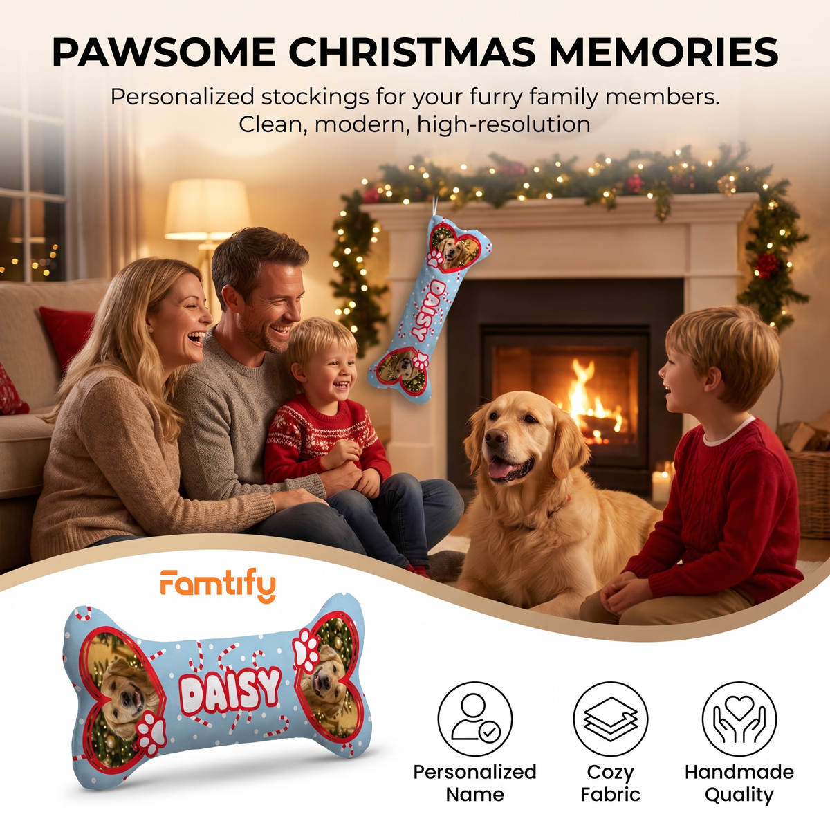 Personalized Candy Cane Paw Hearts dog bone Christmas stocking, view 8