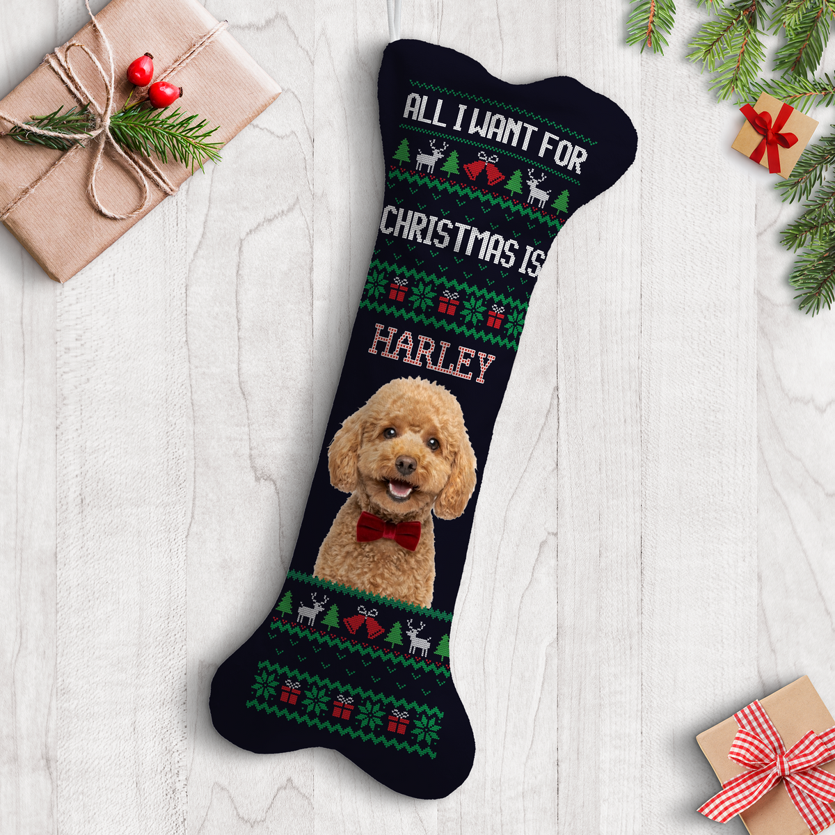 Personalized Ugly Sweater Knit dog bone Christmas stocking with custom dog photo and name