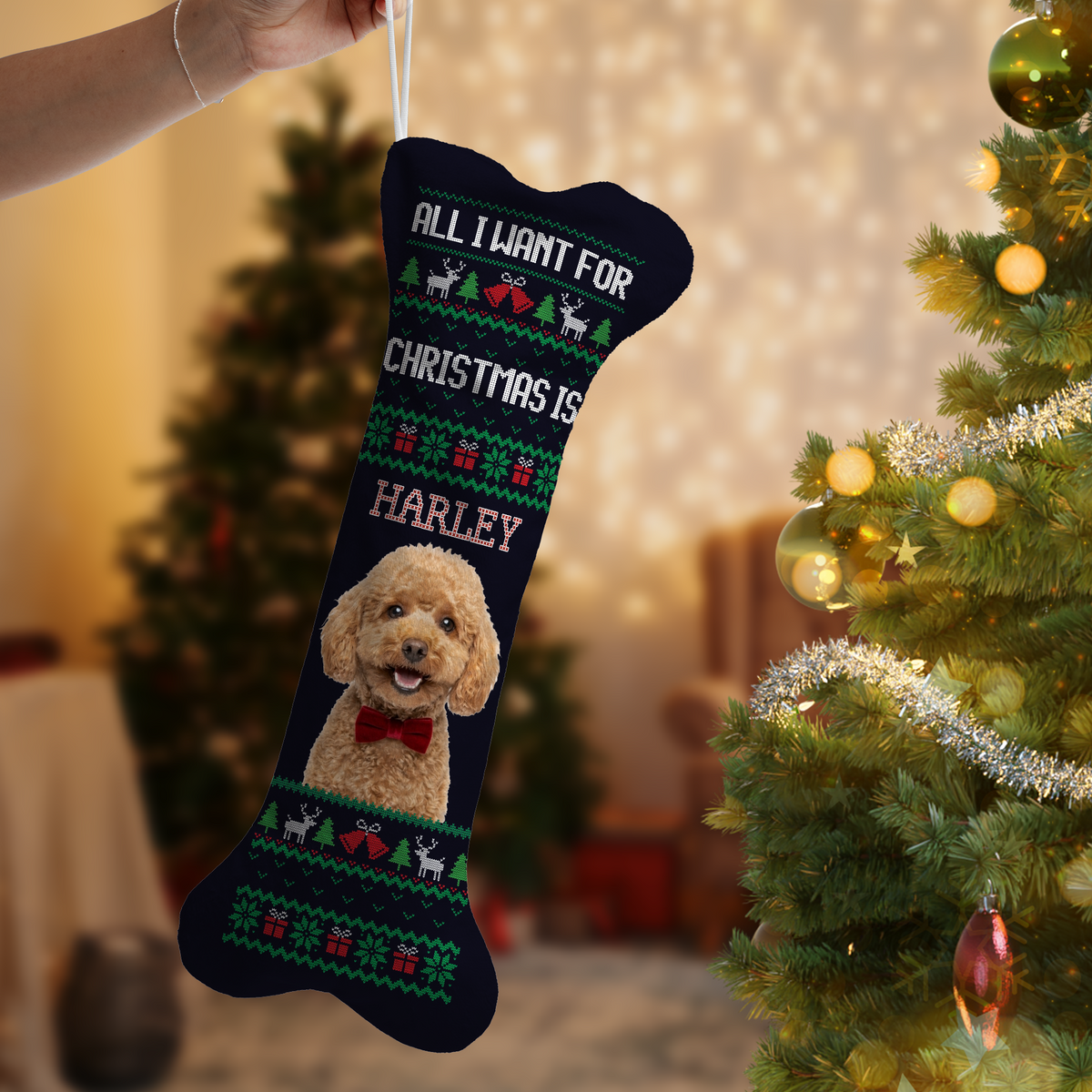 Personalized Ugly Sweater Knit dog bone Christmas stocking, view 2