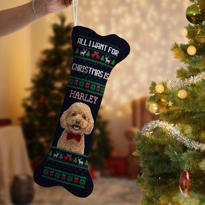 Personalized Ugly Sweater Knit dog bone Christmas stocking, view 2