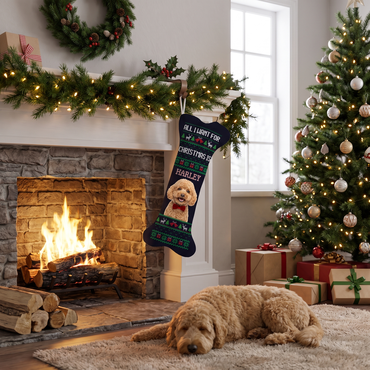 Personalized Ugly Sweater Knit dog bone Christmas stocking, view 3