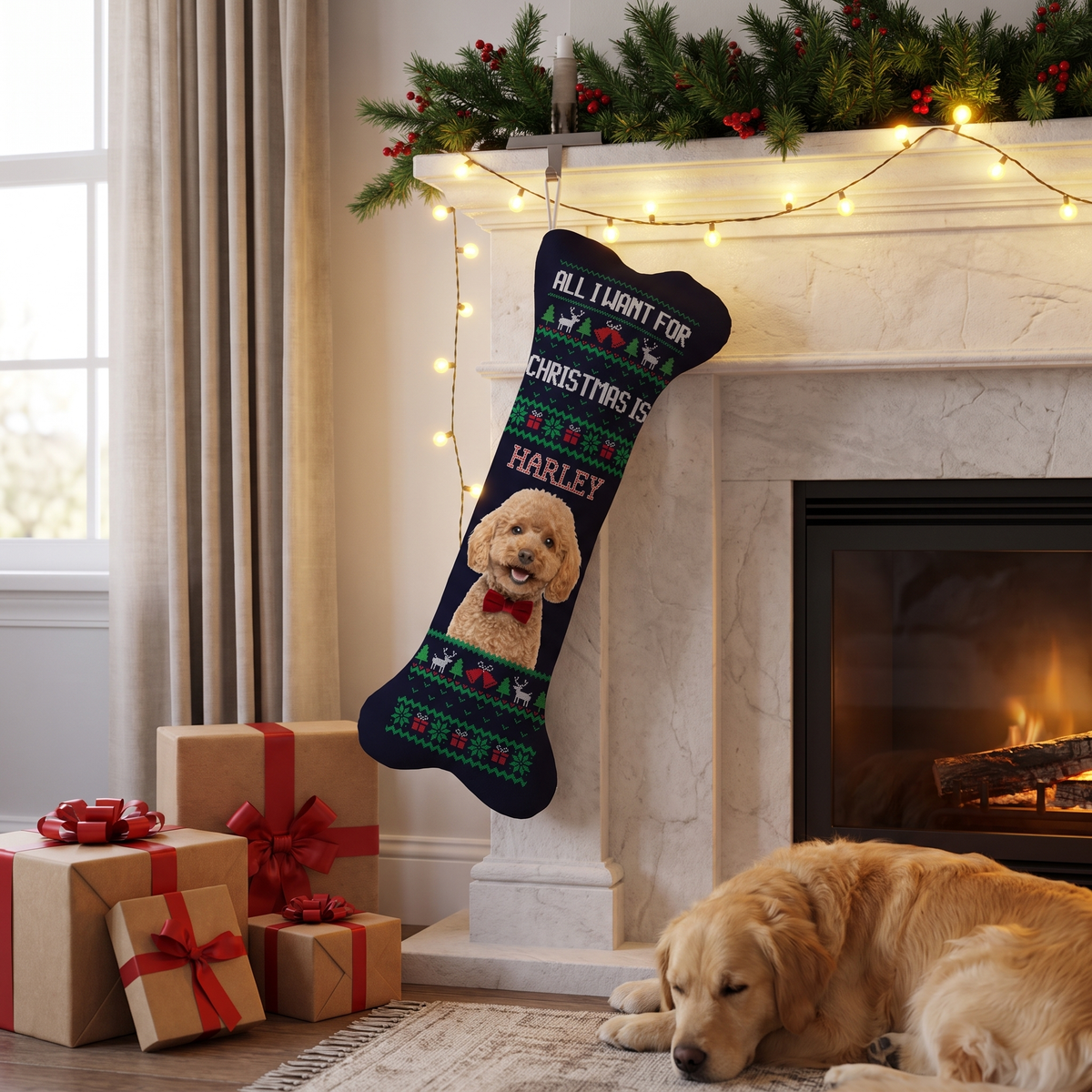 Personalized Ugly Sweater Knit dog bone Christmas stocking, view 4