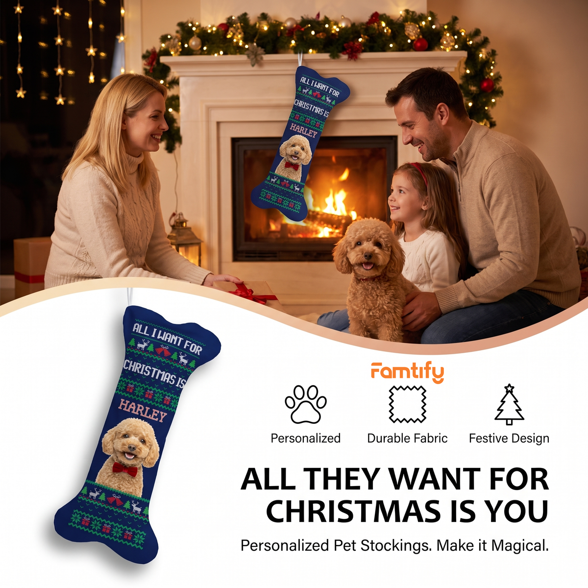 Personalized Ugly Sweater Knit dog bone Christmas stocking, view 6