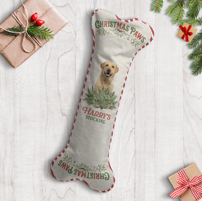 Personalized Christmas Paws Vintage Tree dog bone Christmas stocking with custom dog photo and name