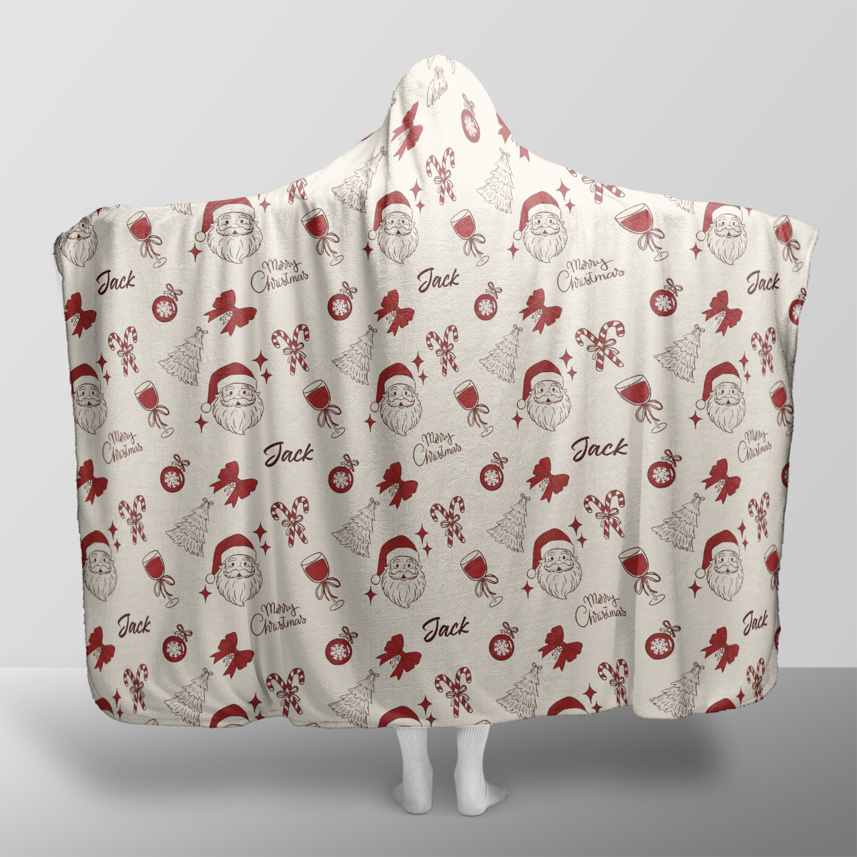 Personalized Santa candy cane bow pattern Christmas hooded blanket with custom name, back view