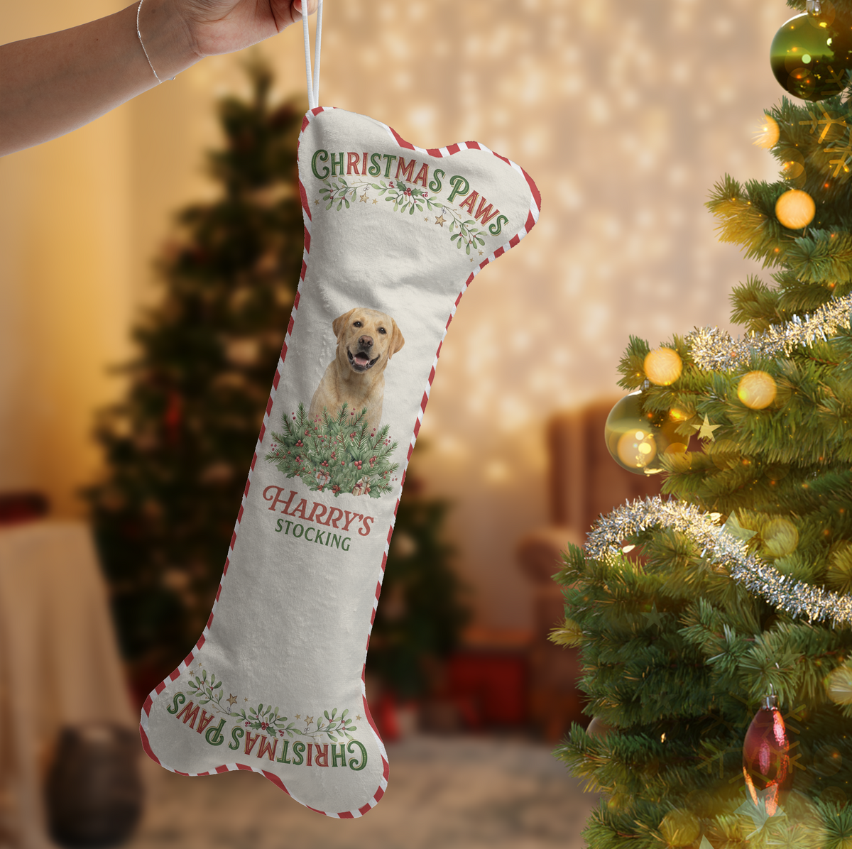Personalized Christmas Paws Vintage Tree dog bone Christmas stocking, view 2